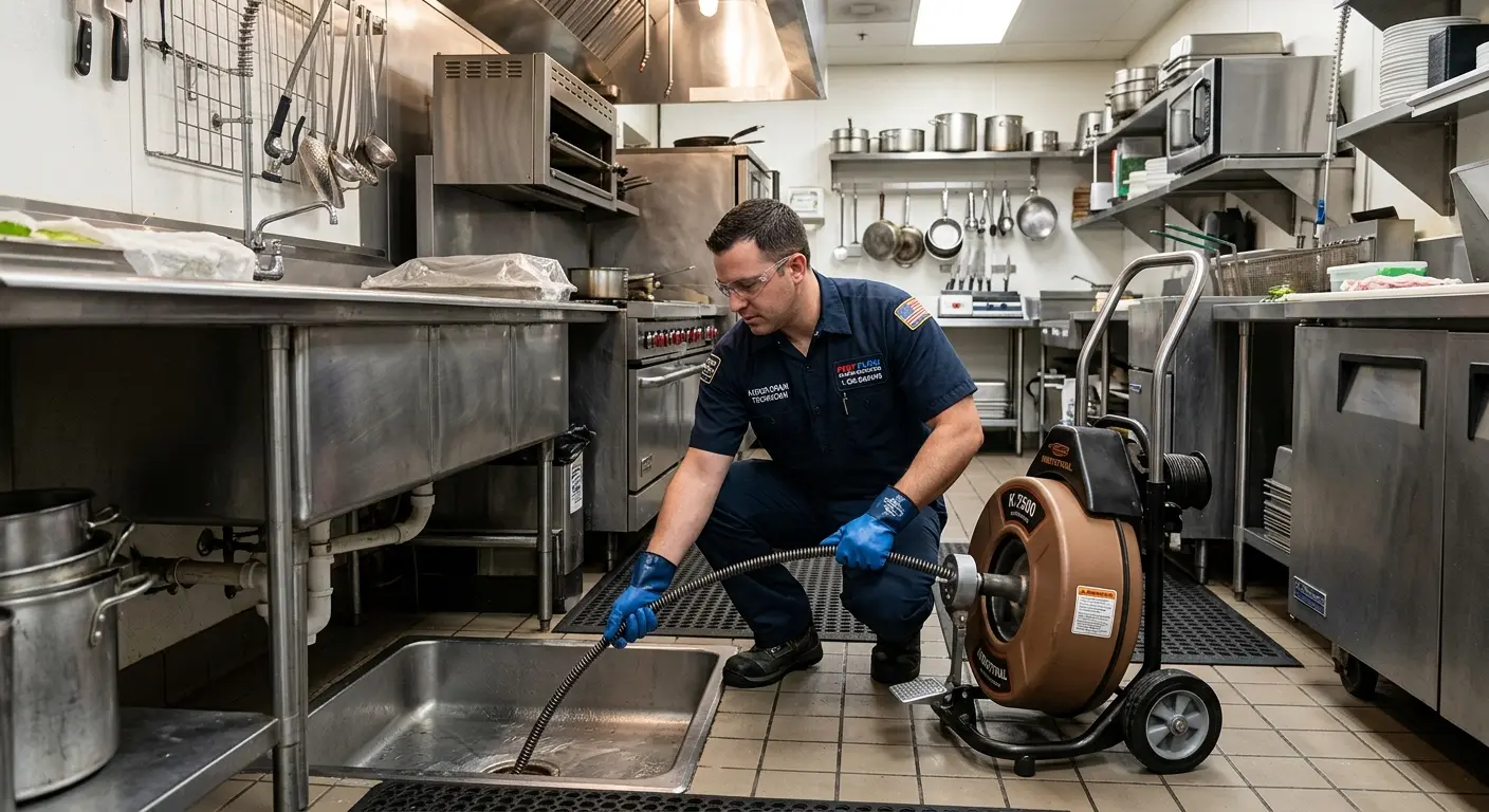 Commercial drain cleaning service in a restaurant kitchen in Eugene