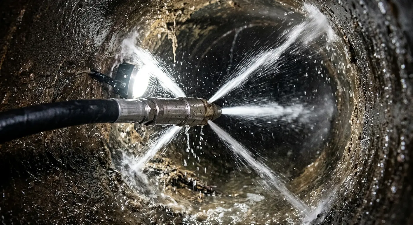 High-pressure hydro jetting nozzle cleaning sewer pipe for Trenchless Sewer Repair in Eugene