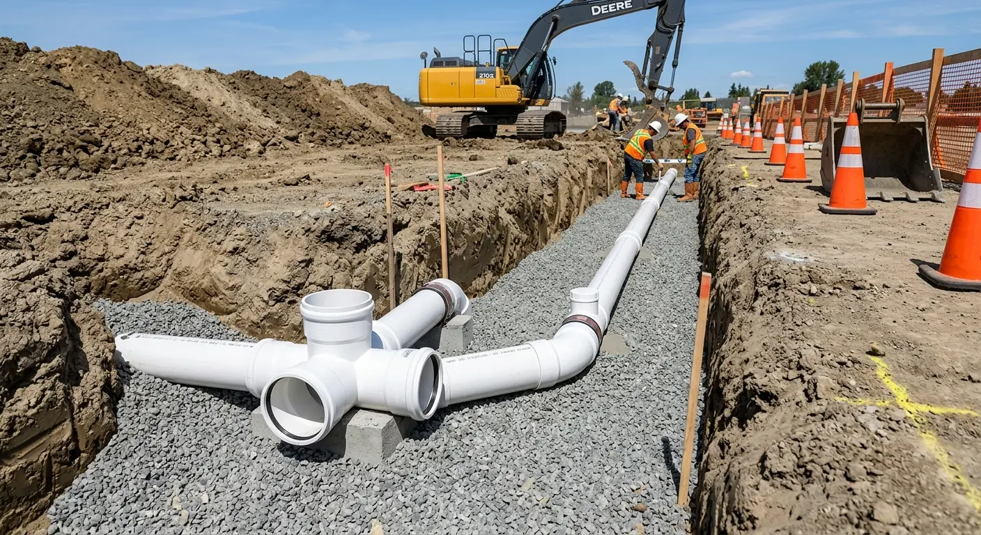 New PVC sewer pipe installation in open trench for Grease Trap Cleaning in Eugene
