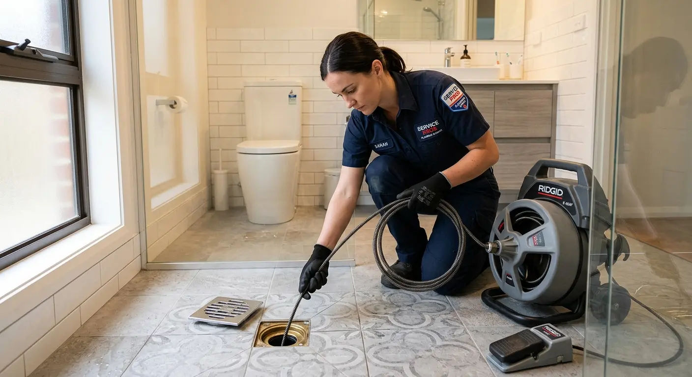 Technician clearing a bathroom floor drain for Sewer Line Installation in Eugene